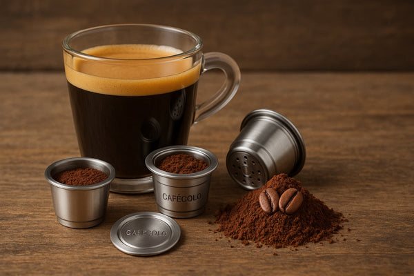 Tasse d’espresso avec capsules compatibles Nespresso sur fond en bois – café responsable et savoureux