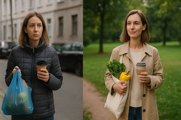 Avant/après transition écologique : femme passant d’un mode de vie jetable à un quotidien responsable avec sac réutilisable et mug durable.
