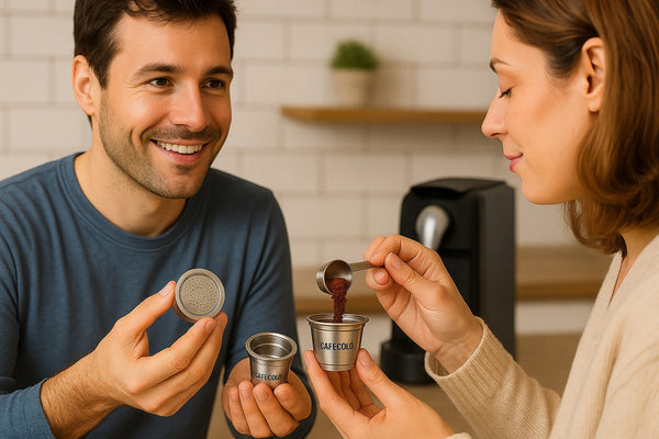Un couple prépare leur café avec des capsules réutilisables Cafécolo dans une cuisine moderne