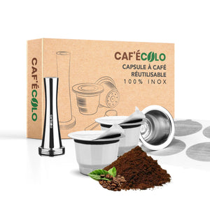 Boite de capsules rechargeables Cafécolo compatible nespresso avec dameur à café