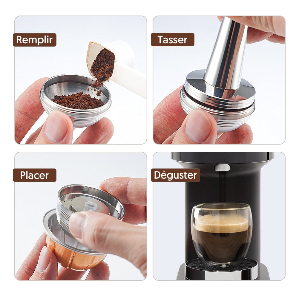 USEAMIE Vertuo - Kit di ricarica riutilizzabile per capsule in metallo, 100 pezzi, guarnizioni in alluminio per Nespresso Vertuoline con pennello, paletta e supporto USEAMIE Vertuo - Kit di ricarica riutilizzabile per capsule in metallo, 100 pezzi, guarnizioni in alluminio per Nespresso Vertuoline con pennello, paletta e supporto